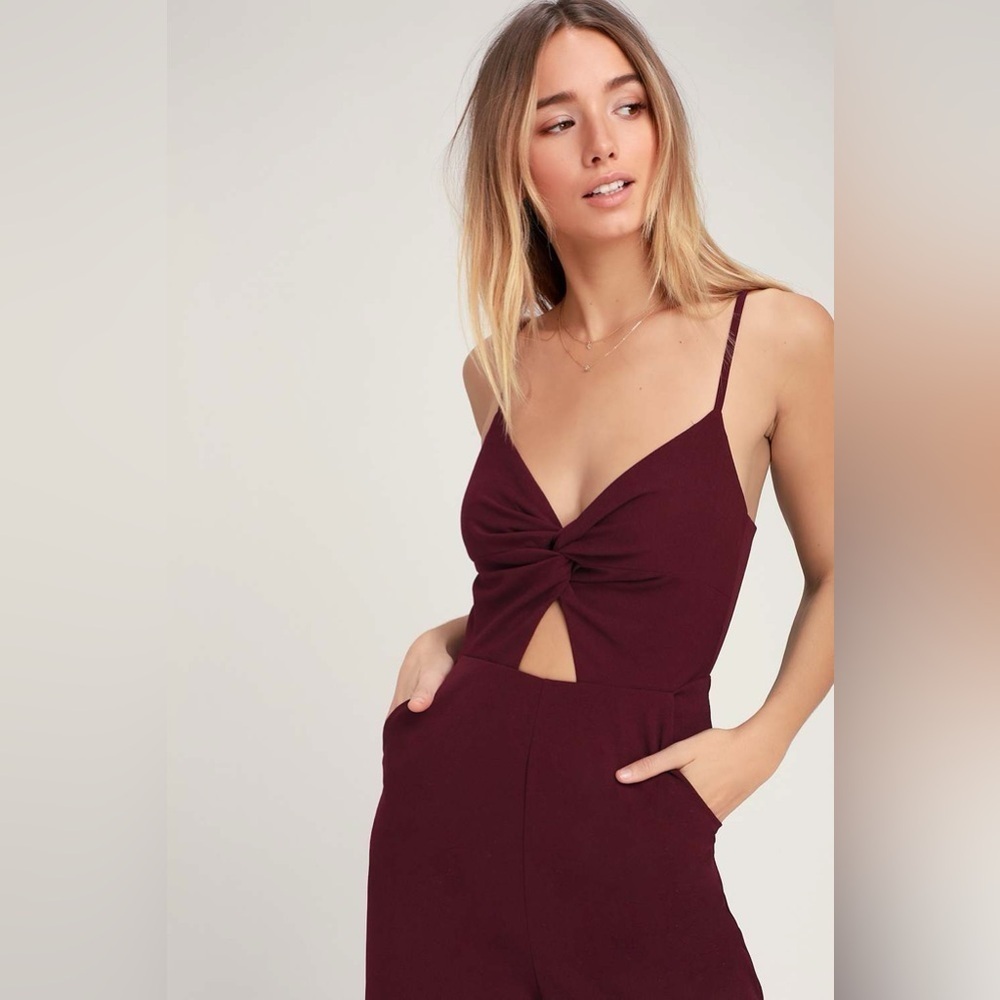 LUSH Geanna Burgundy Twist-Front Jumpsuit - Picture 2 of 11